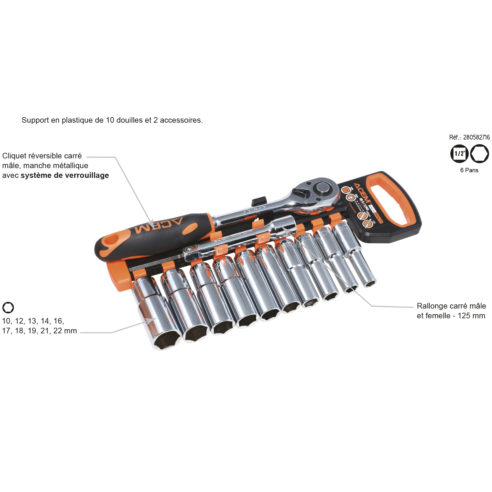 582720 - Jeux de douilles série longue et poignée à cliquet 1/2" – Image 2